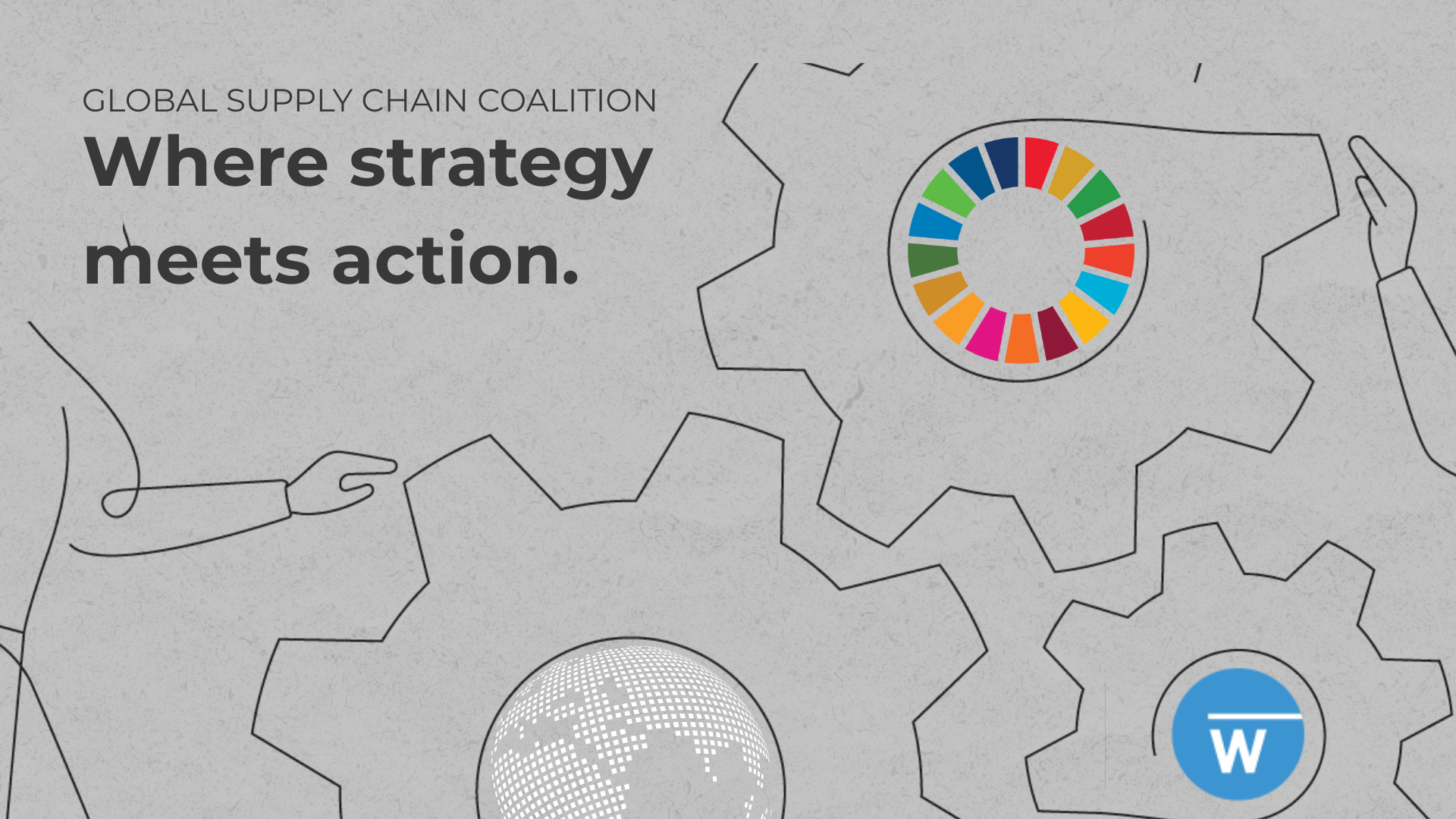 cogs with SDG wheel, a globe and the WEPs avatar in the circle center