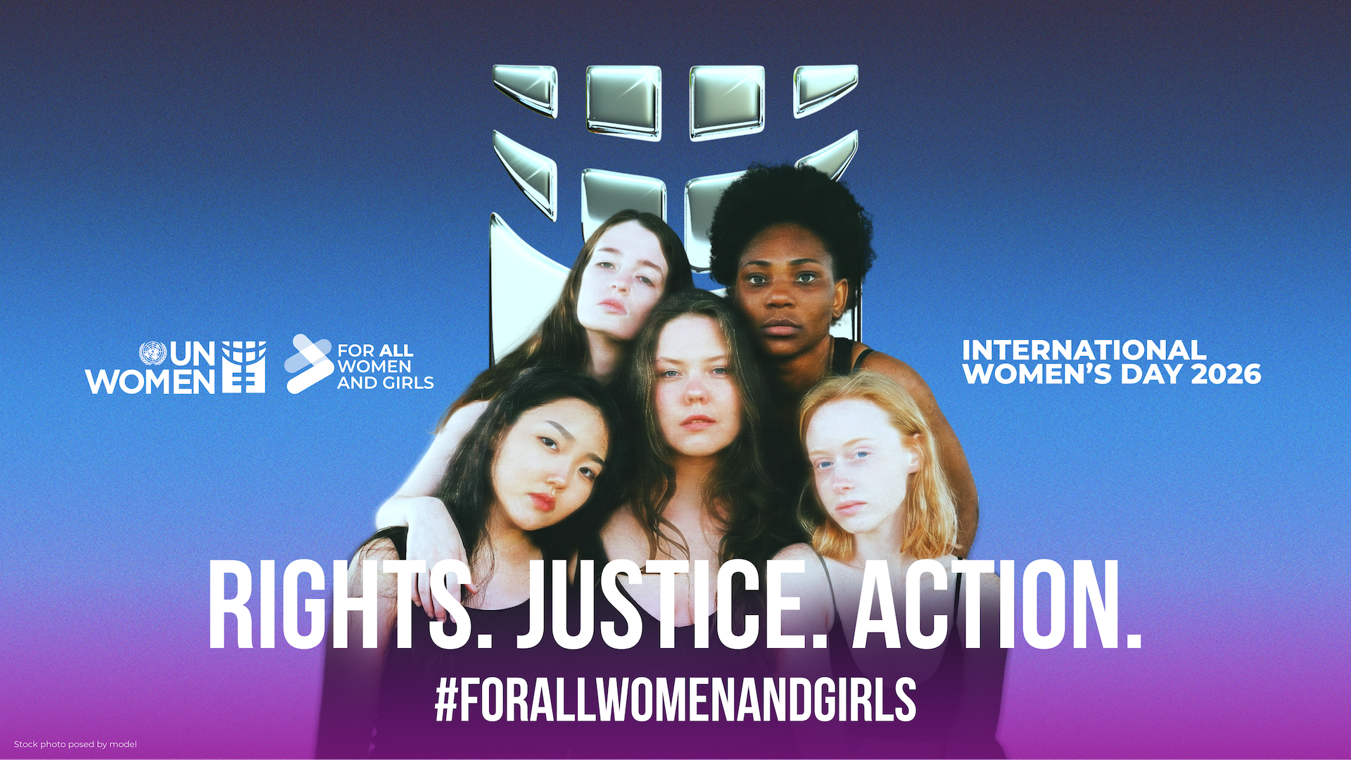 RIGHTS. JUSTICE. ACTION. text over an image of 5 women 