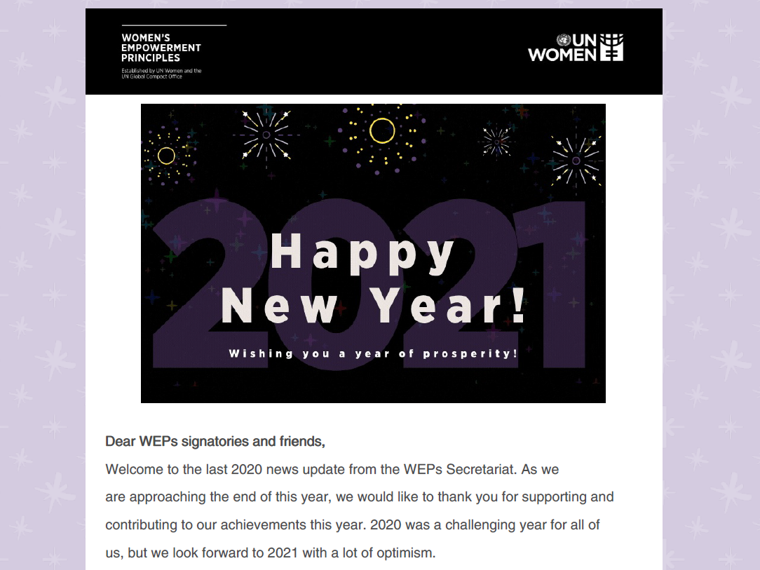 This is a screenshot of the introductory note to the WEPs news update. Being the last news update for 2020 it features our WEPs logo in black followed by a graphic with fireworks and the text 'Happy New Year'.