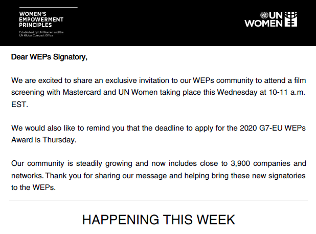 The image is a screenshot taken of the first paragraphs of the weps news update. In the image you see the WEPs logo and black banner on top of the image and then a message of the latest updates from the WEPs Secretariat.