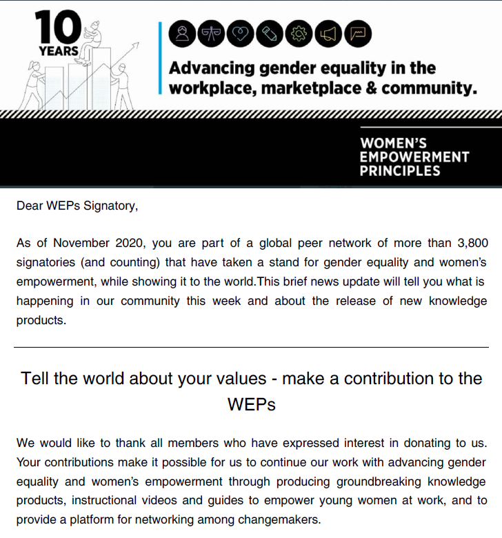 Image showing the introduction to the Bulletin. Above the text there is a banner graphic celebrating that the Women's Empowerment Principles are turning 10 years this year. 