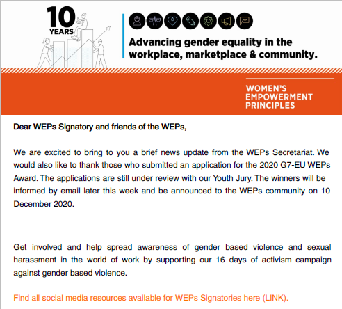 The image is a screenshot of the first page of the WEPs news update. It includes an introductory message. The head banner is in orange in support of the 16 days of activism against gender based violence. 