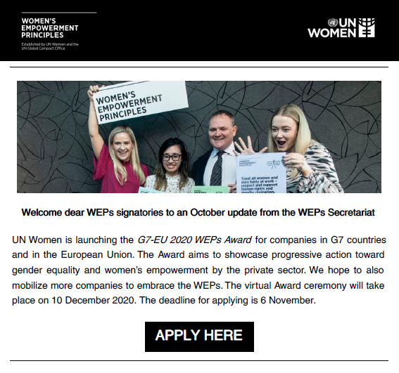 Image showing the introduction to the Bulletin. In the image there is a picture of smiling people holding signs saying the women's empowerment principles. Below the image is the introduction paragraphs of our Bulletin and a button for the reader to press if they would like to apply for the 2020 G7-EU WEPs Award.